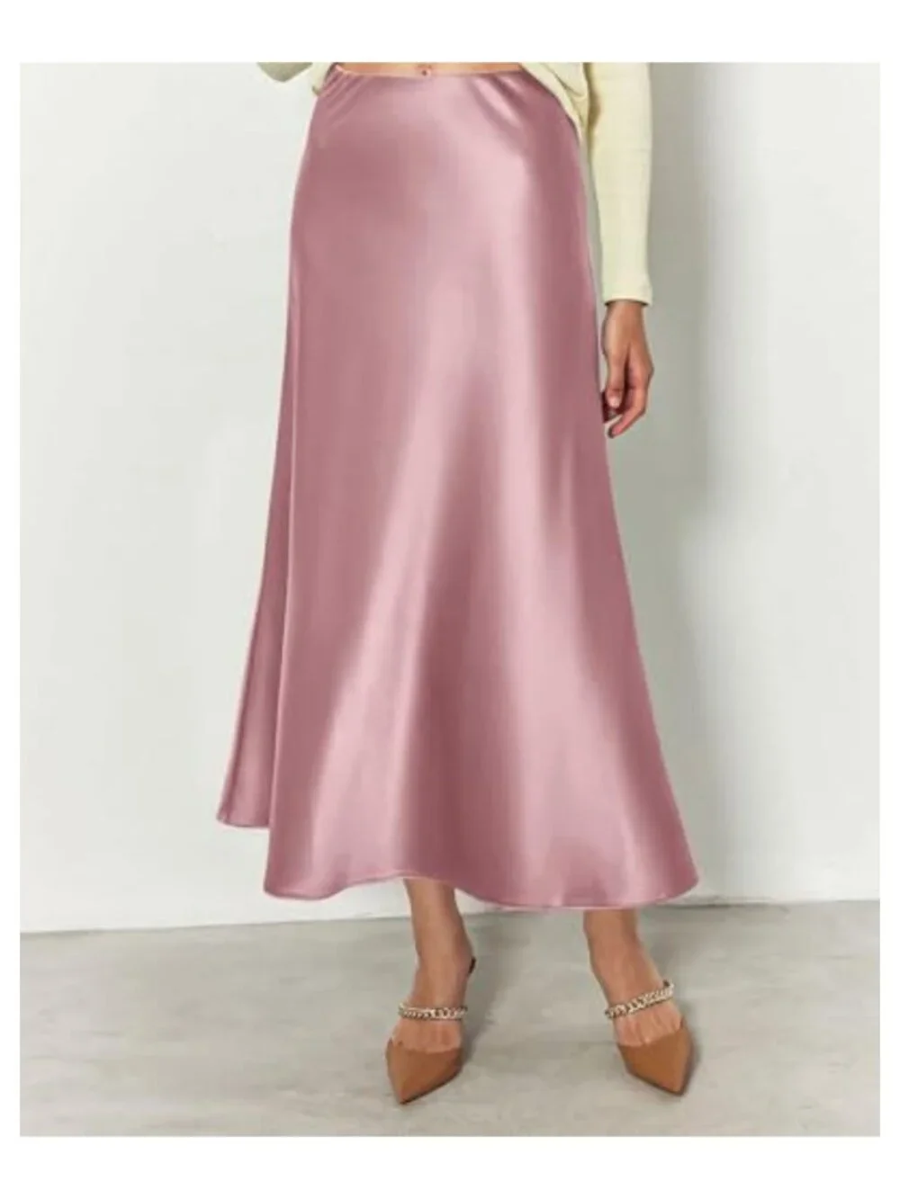 Flowy Satin Midi Skirt High Waist A-Line Women's Business Casual